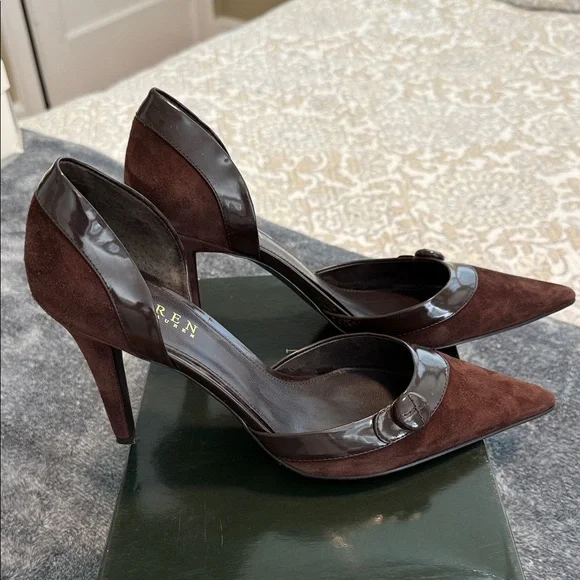 Ralph Lauren Dark Brown Suede/Patent Heels - Picture 4 of 5